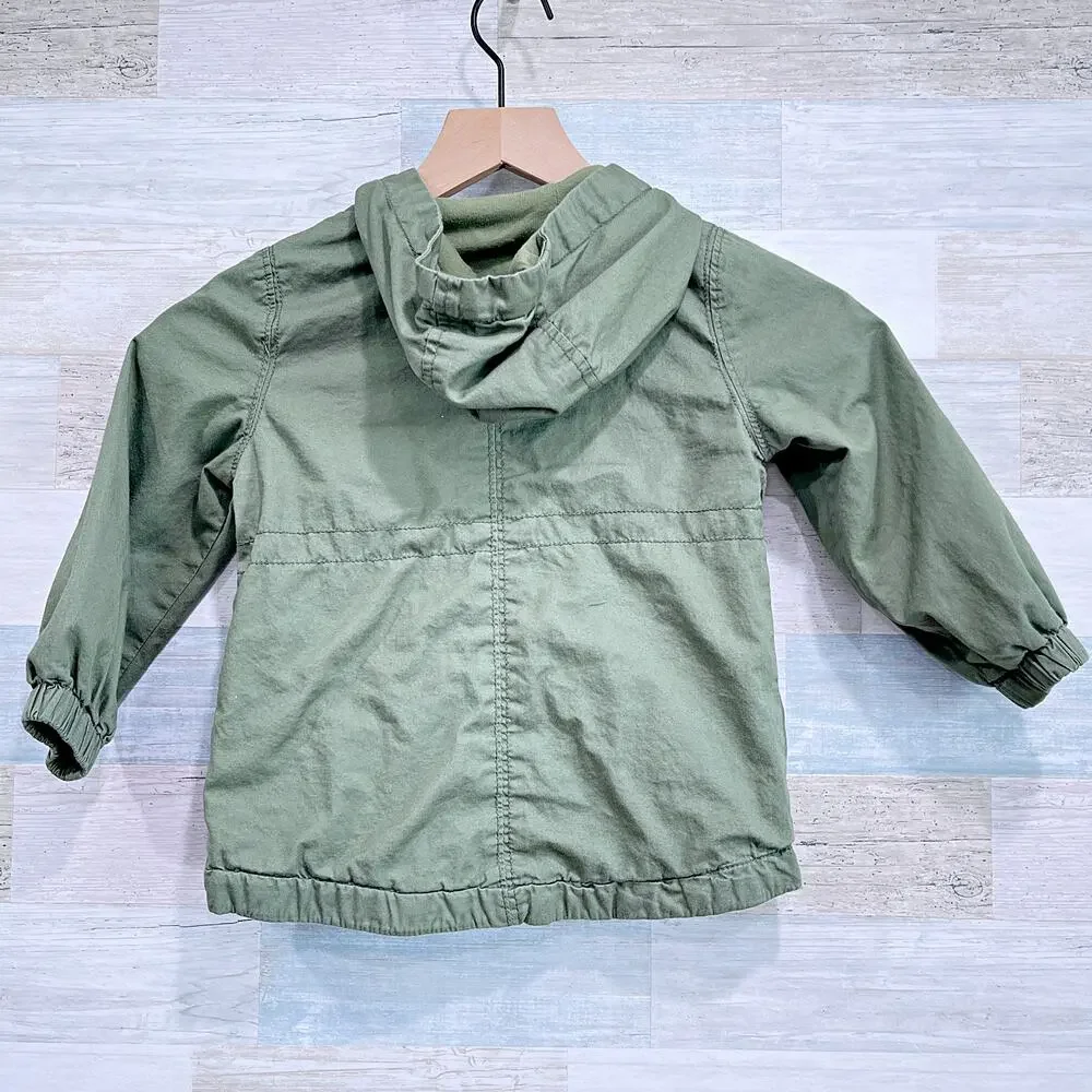 Old Navy Hooded Utility Scout Jacket Green Snap Button Lined Toddler Girl 3T
